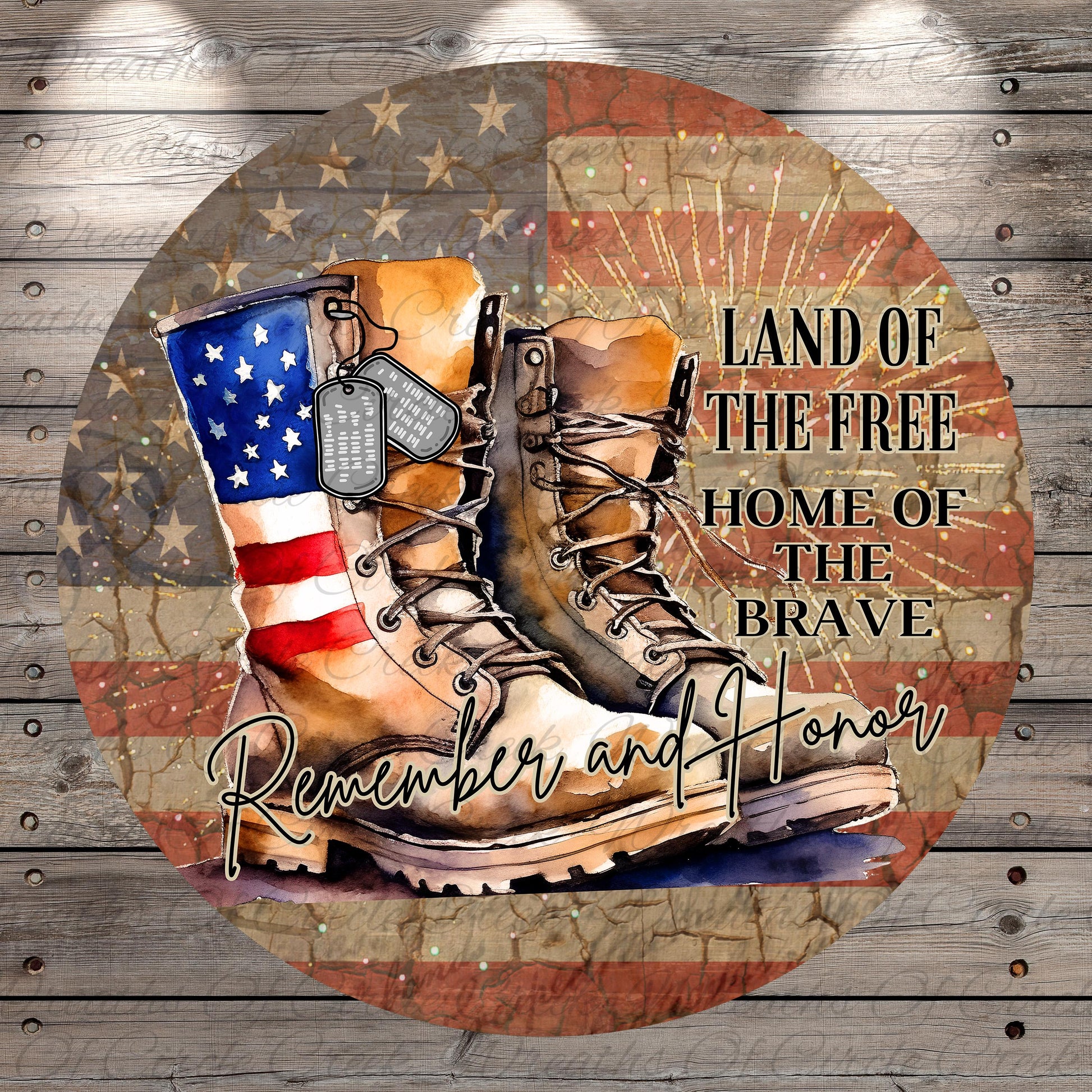 a pair of combat boots with an American flag design, accompanied by the text "Land of the Free Home of the Brave" and "Remember and Honor".