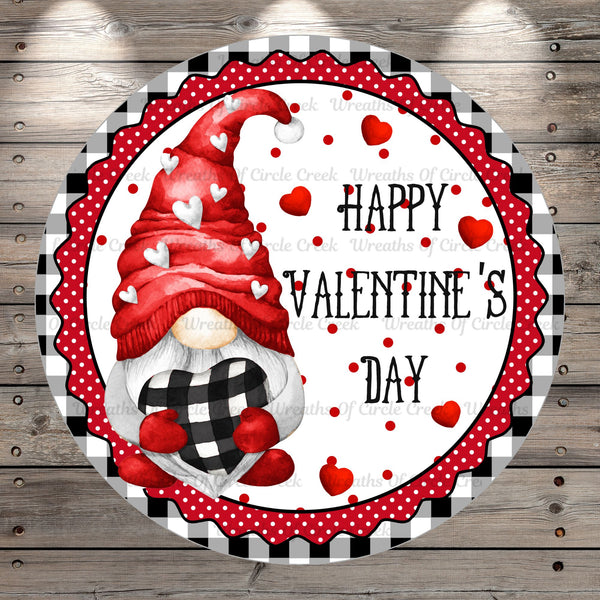 Happy Valentine’s Day, Gnome, Red, White, Black, Hearts, Plaid, Light Weight, Round, Metal Wreath Sign, No Holes