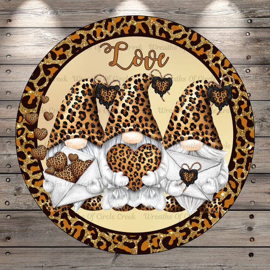 Leopard Valentine Gnomes, Love, Hearts, Gold, Wreath Sign, No Holes, Round UV Coated, Metal