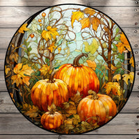Fall Pumpkins And Leaves, Stained Glass Print, Round UV Coated, Metal Sign, No Holes
