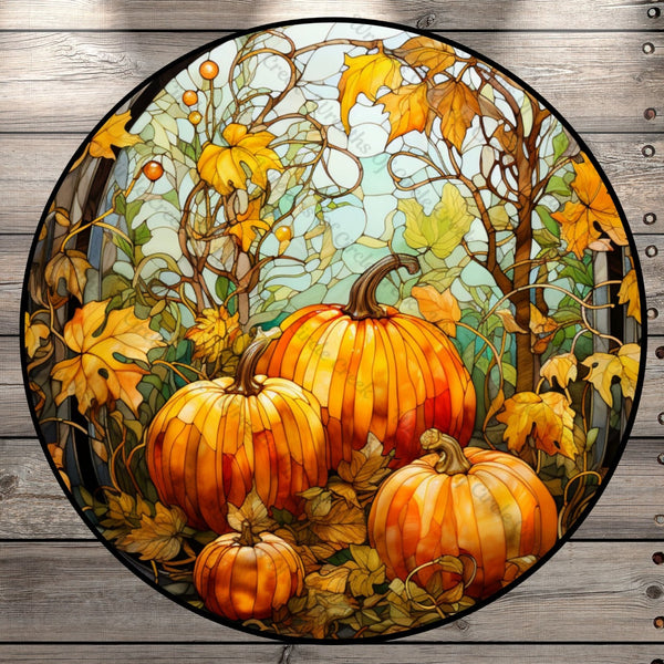 Fall Pumpkins And Leaves, Stained Glass Print, Round UV Coated, Metal Sign, No Holes