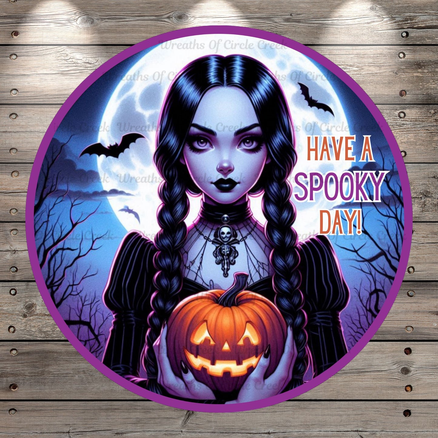 Have a Spooky Day, Gothic Girl, Jack O Lantern, Halloween, Round, Light Weight, Metal Wreath Sign, No Holes In Sign