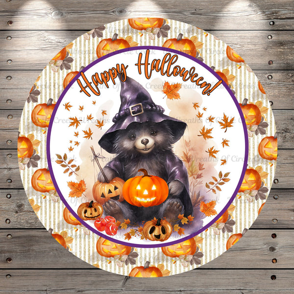Happy Halloween, Black Bear, Witch, Fall, Apples, Jack-O-Lantern Border, Round UV Coated, Metal Sign, No Holes