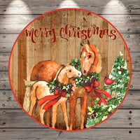 Merry Christmas, Horses, Christmas Tree, Red Cardinal, Mamma and Baby Horse, Love, Winter, Round, UV Coated,Round, Light Weight, Metal Wreath Sign, No Holes