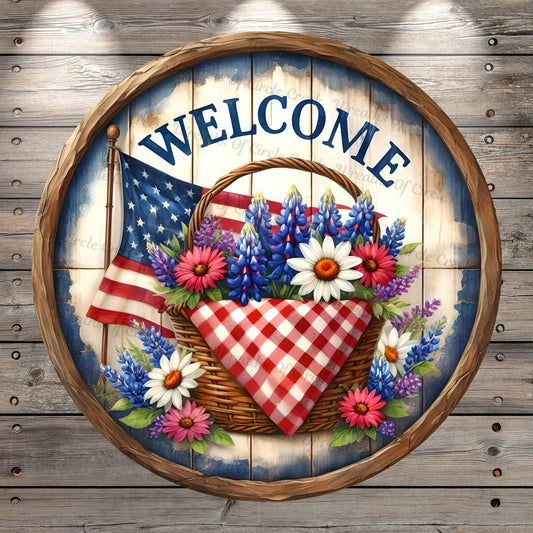 Patriotic, Welcome, Blue Bonnets, Floral, Picnic Basket, American Flag, Faux Wood, Round, Light Weight, Metal, Wreath Sign, No Holes In Sign