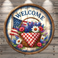 Patriotic, Welcome, Blue Bonnets, Floral, Picnic Basket, American Flag, Faux Wood, Round, Light Weight, Metal, Wreath Sign, No Holes In Sign