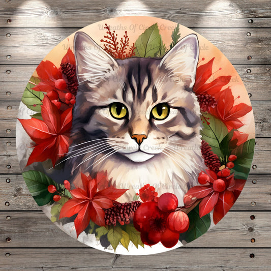 Christmas Cat, Red Poinsettias, Wreath Sign, No Holes, Round UV Coated, Metal, Light Weight, Metal Wreath Sign, No Holes