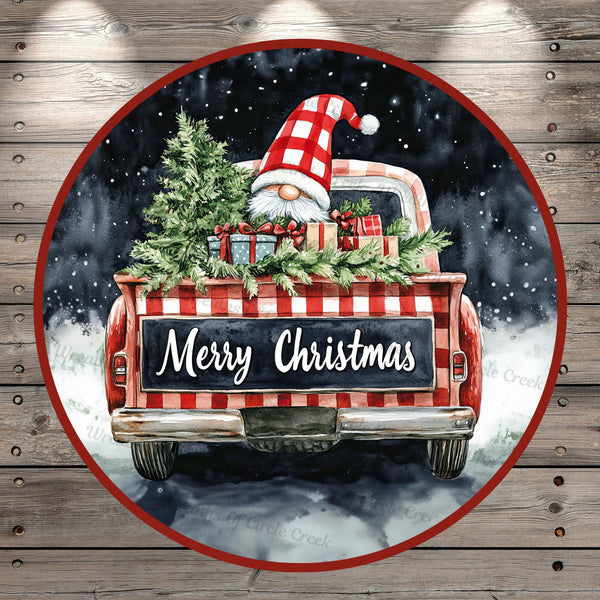 Christmas Gnome, Pickup Truck, Merry Christmas, Red, White, Black, Plaid, Light Weight, Metal, Wreath Sign, No Holes In Sign