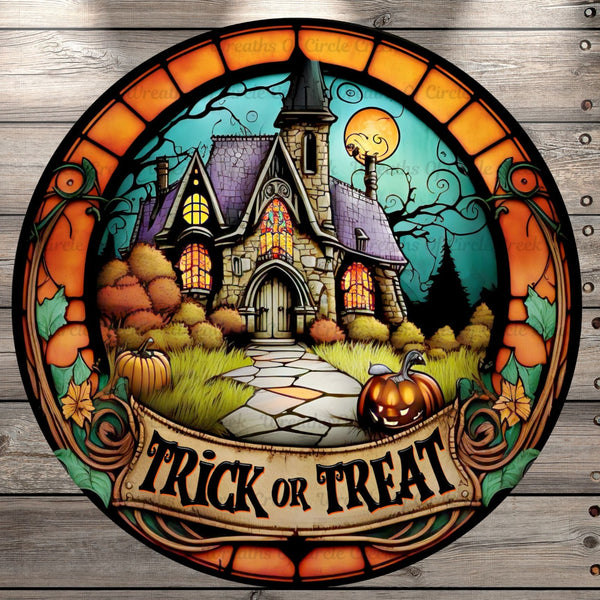 Halloween Scene, Trick Or Treat, Stained Glass Print, Round UV Coated, Metal Sign, No Holes