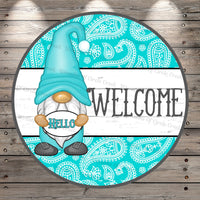 Aqua, Paiselys, Hello Gnome, Welcome, Blue, White, Lightweight, Metal Wreath Sign, Round, With No Holes In Sign