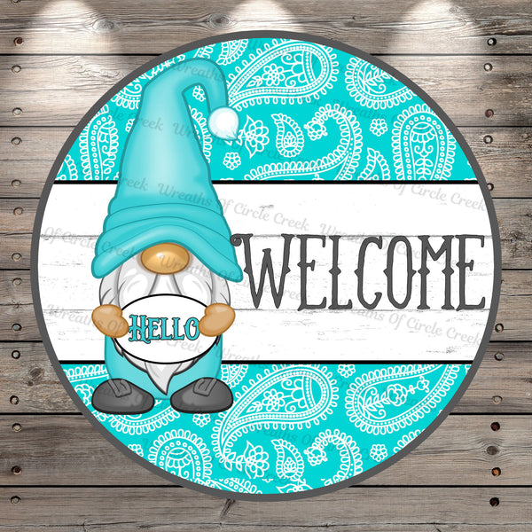 Aqua, Paiselys, Hello Gnome, Welcome, Blue, White, Lightweight, Metal Wreath Sign, Round, With No Holes In Sign