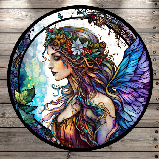 Fairy With Florals, Stain Glass Print, Light Weight, Metal Wreath Sign, No Holes