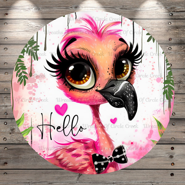 Flamingo, with Bow Tie, Hello, Summer, Tropical, Light Weight, Metal, Wreath Sign, With No Holes