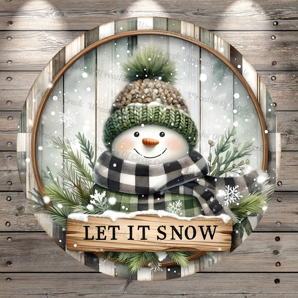 Woodland Snowman, Green, Plaid, Round, Light Weight, Metal, Wreath Sign, No Holes In Sign