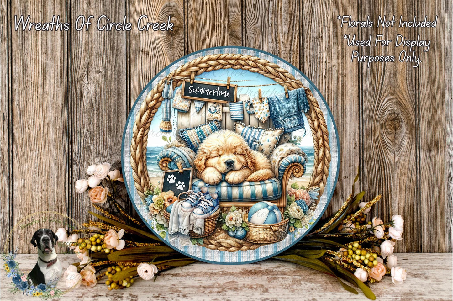 A decorative plate featuring a dog resting on a chair, surrounded by flowers and a rope border, with a sign that reads "Summertime".