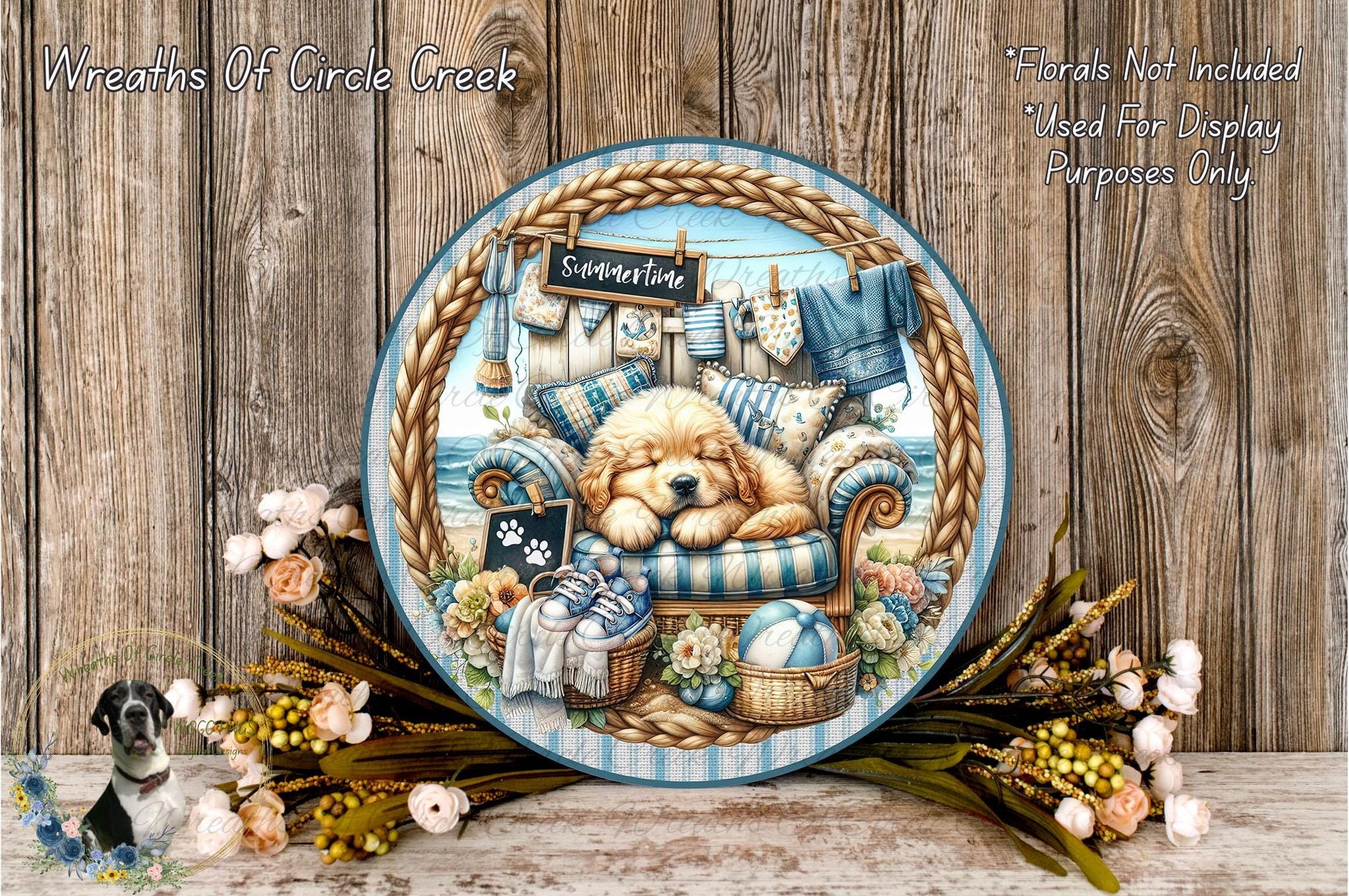 A decorative plate featuring a dog resting on a chair, surrounded by flowers and a rope border, with a sign that reads "Summertime".