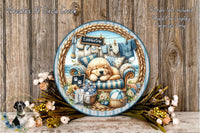 A decorative plate featuring a dog resting on a chair, surrounded by flowers and a rope border, with a sign that reads "Summertime".
