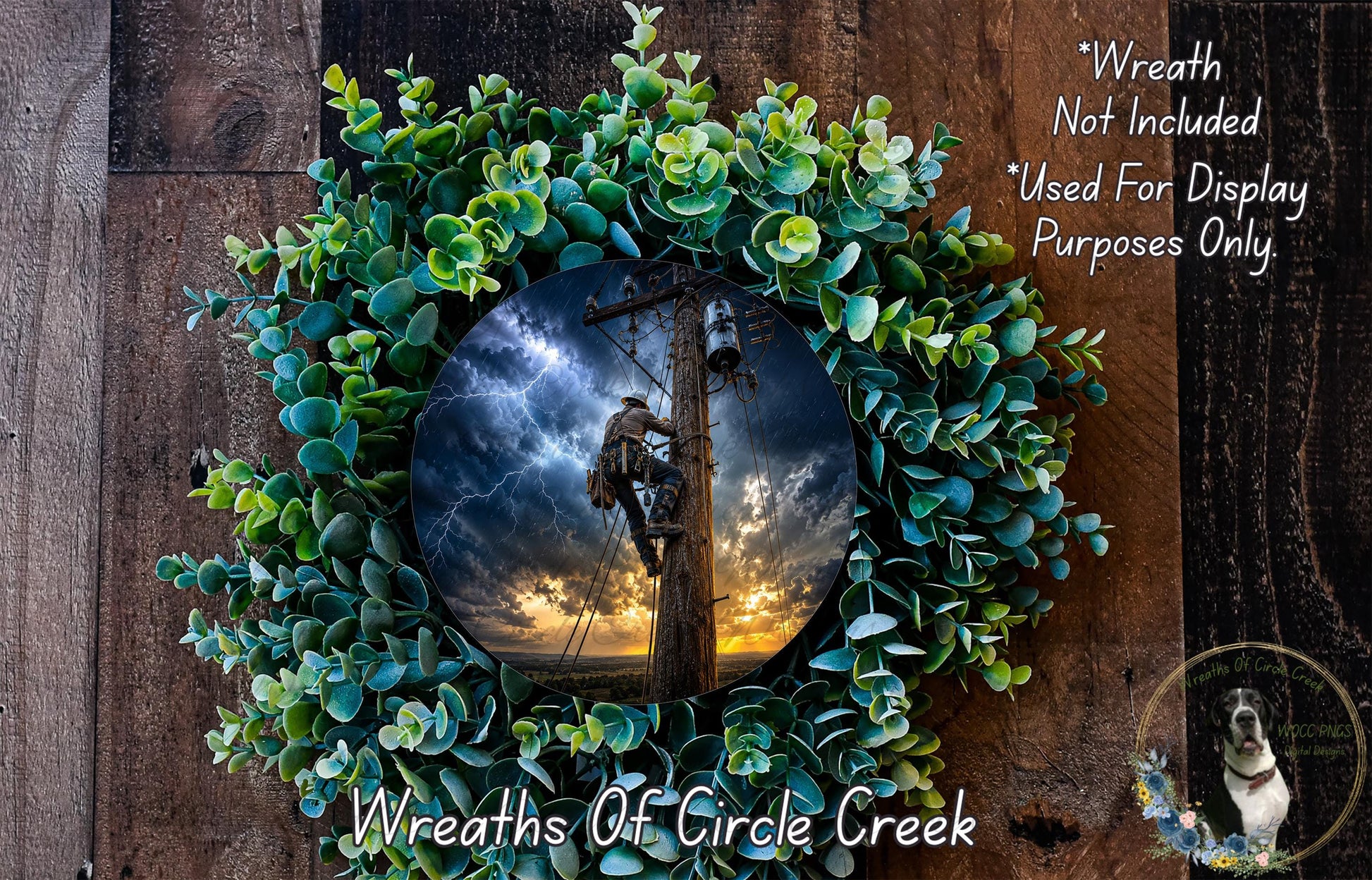 A wreath made of green leaves and flowers, with a circular frame containing a photograph of a man working on a telephone pole against a stormy sky.