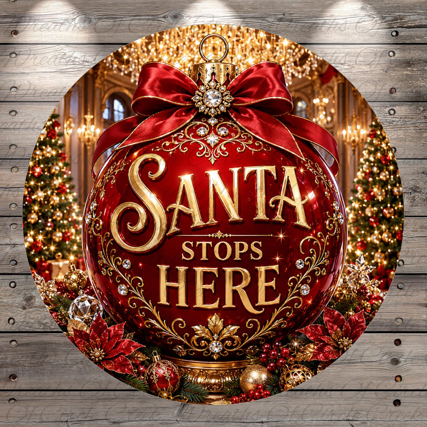 A large, ornate Christmas ornament with the text "Santa stops here" in a decorative font, surrounded by other holiday decorations such as poinsettias, ornaments, and a Christmas tree.