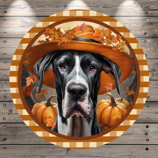 Fall, Great Dane, Pumpkins, Plaid Border, Round UV Coated, Metal Sign, No Holes