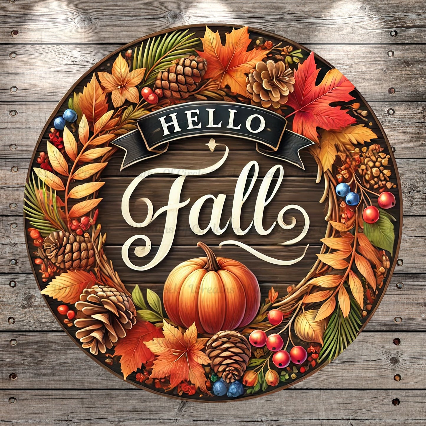 Hello Fall, Rustic Fall Foliage, Pumpkin, Round, Light Weight, Metal Wreath Sign, No Holes In Sign