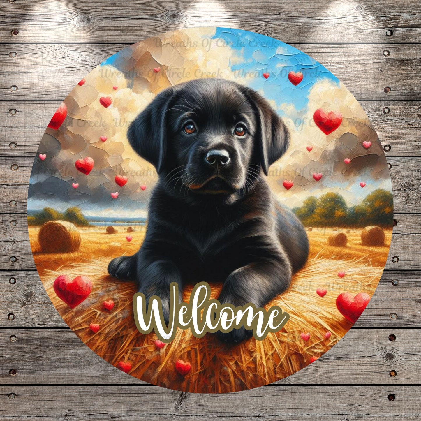 Black Labrador Puppy, Hearts, Valentines, Hay, Pasture, Round, Light Weight, Metal Wreath Sign, No HolesUV Coated