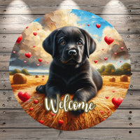 Black Labrador Puppy, Hearts, Valentines, Hay, Pasture, Round, Light Weight, Metal Wreath Sign, No HolesUV Coated