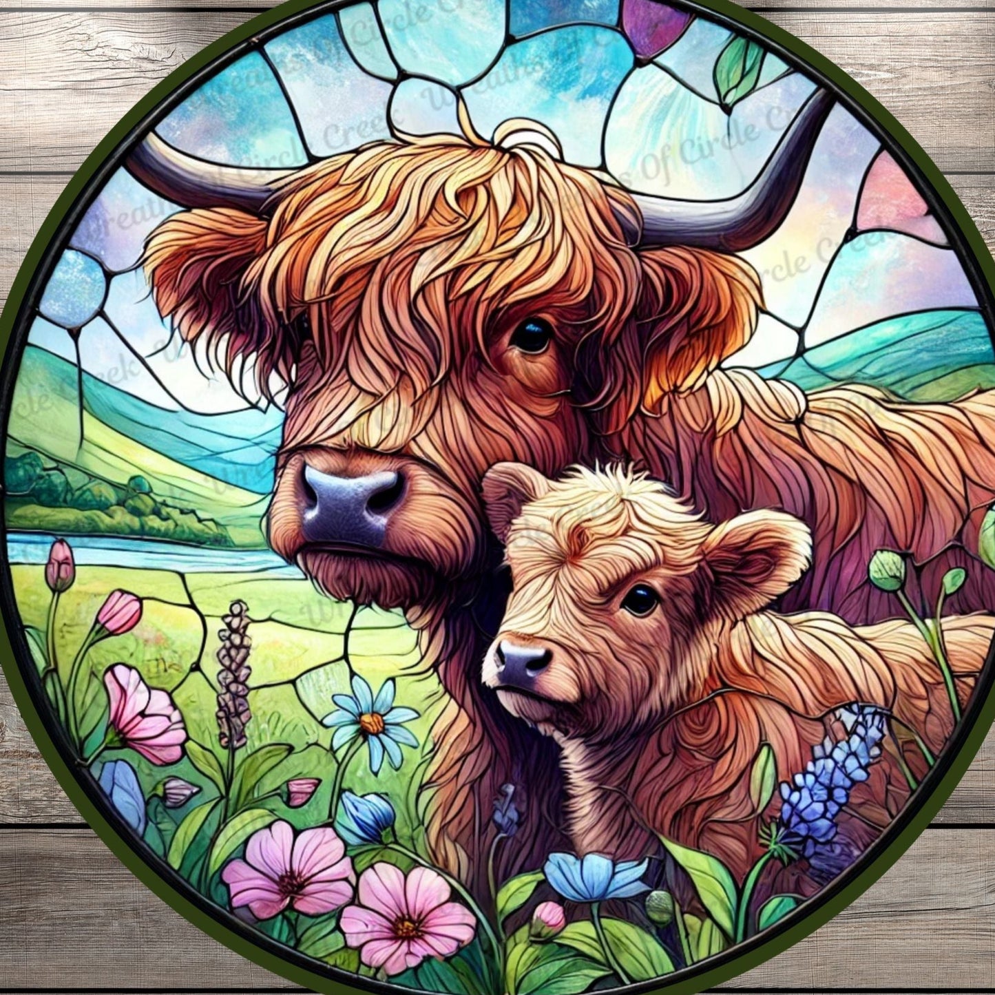 Highland Cow and Calf | Lightweight Round Metal Wreath Sign | Farmhouse Floral | Faux Stained Glass Effect | No Holes In Sign