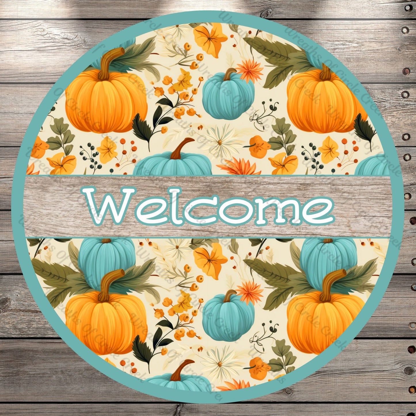Welcome Pumpkins, Fall, Blue, Orange, Round UV Coated, Metal Sign, No Holes