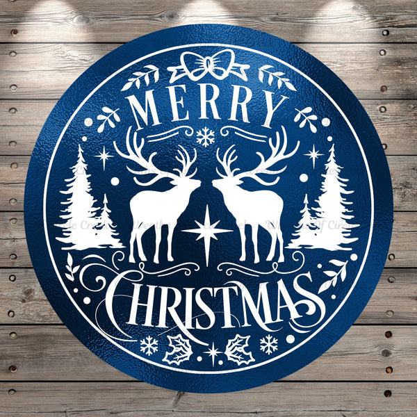 Christmas Reindeers, Merry Christmas, Blue and White, Wreath Sign, No Holes, Round UV Coated, Metal *