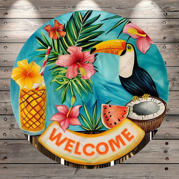 Tropical Paradise, Toucan, Welcome, Coconut, Beach, Summer, Lightweight, Wreath Sign, No Holes In Sign