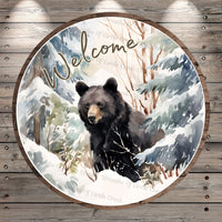 Black Bear, Welcome, Winter, Wilderness, Mountains, Woods, Watercolor, Lightweight, Round, Metal, Wreath Sign, No Holes