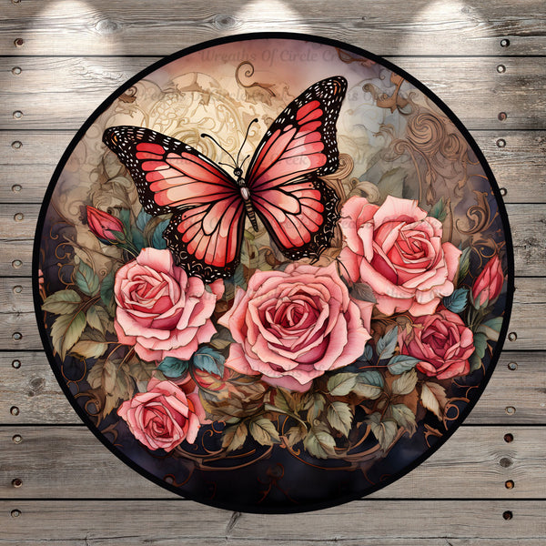 Pink Butterfly, Pink Roses, Round, Light Weight, Metal, Wreath Sign, With No Holes