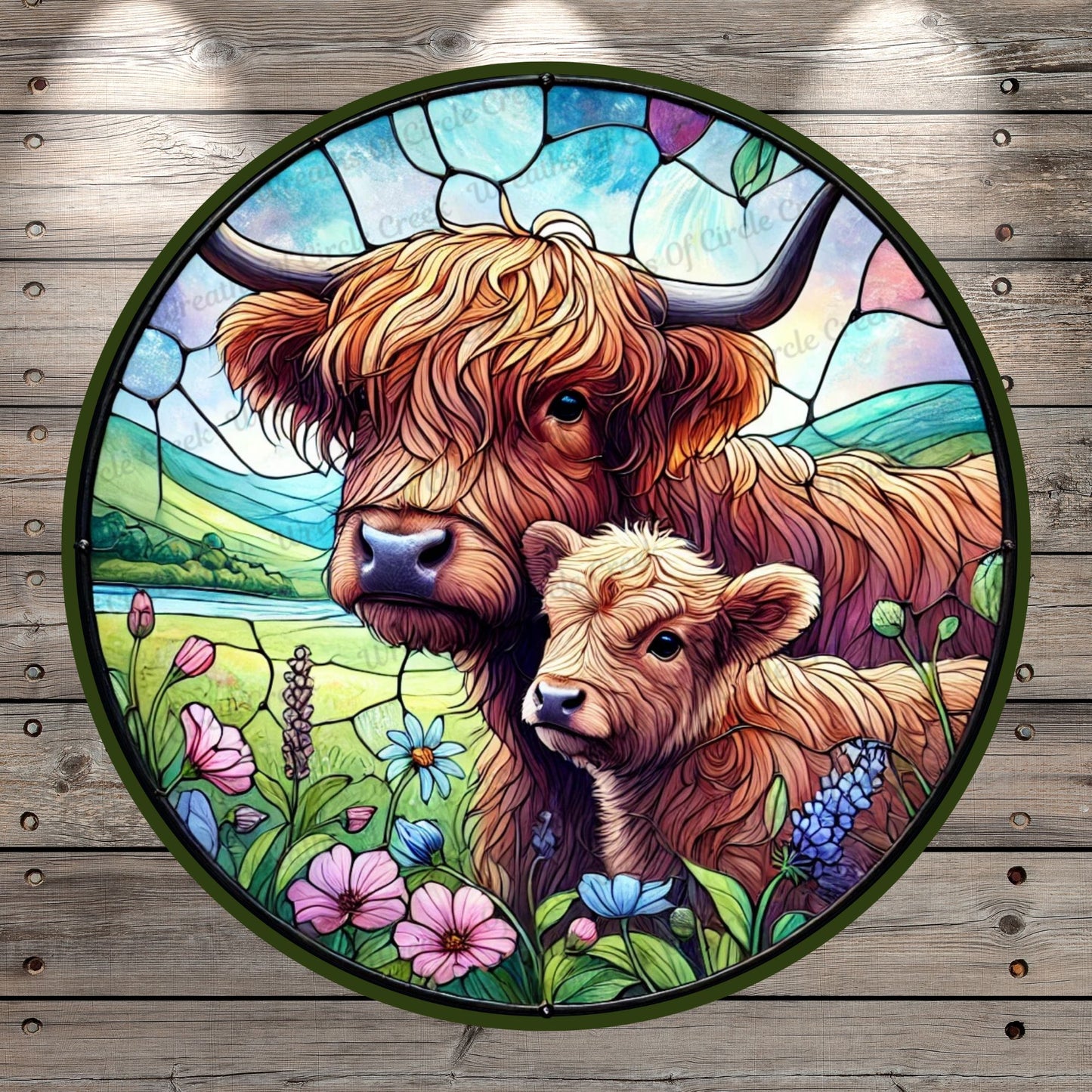 Highland Cow and Calf | Lightweight Round Metal Wreath Sign | Farmhouse Floral | Faux Stained Glass Effect | No Holes In Sign