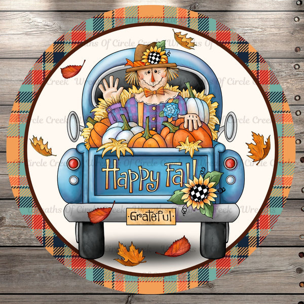 Happy Fall, Scarecrow, Farm Truck, Pumpkins, Fall Leaves, Autumn Plaid, Round UV Coated, Metal Sign, No Holes