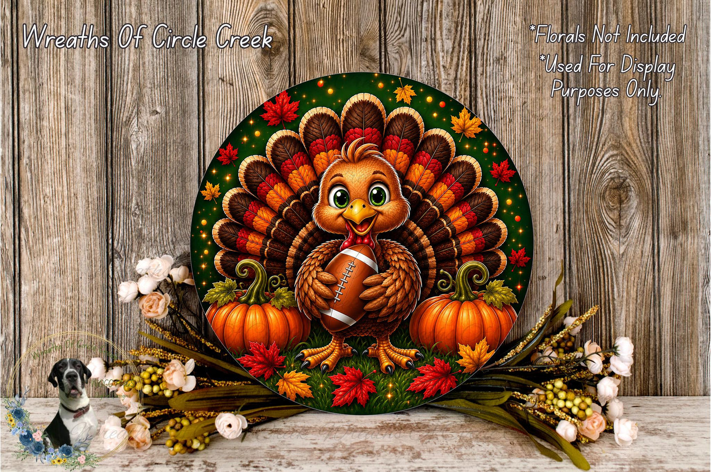 A decorative Thanksgiving wreath featuring a turkey holding a football, surrounded by pumpkins and autumn leaves, with a wooden background.