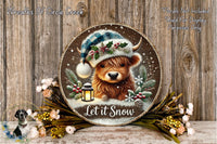A wooden sign featuring a cartoon cow wearing a winter hat and surrounded by snow, flowers, and a lantern, with the text "Let it Snow" displayed on it.