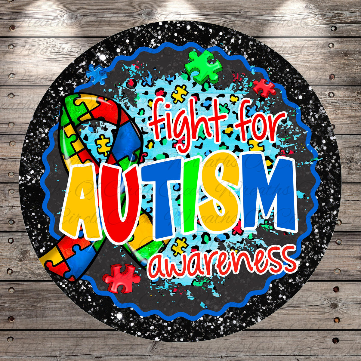 The image is a circular graphic with a puzzle ribbon and the text "fight for Autism awareness" written on it.