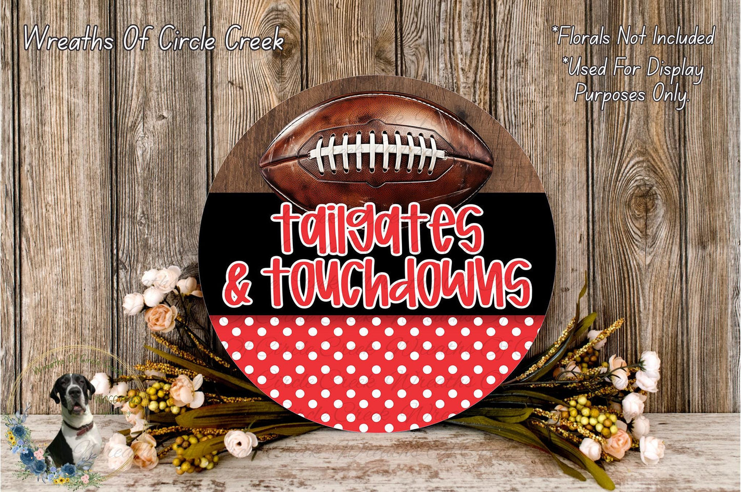 a decorative sign with a football and the words "tailgates & touchdowns" written on it, placed on a wooden surface.