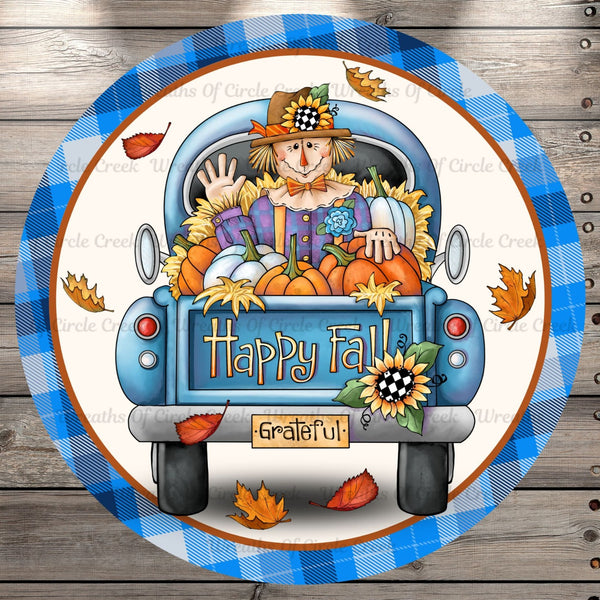 Happy Fall, Scarecrow, Farm Truck, Pumpkins, Fall Leaves, Autumn, Blue Plaid, Round UV Coated, Metal Sign, No Holes