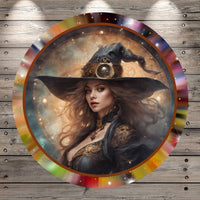 Mystical Witch, Steampunk, Black Hat, Multicolor Border, Round UV Coated, Metal Sign, No Holes