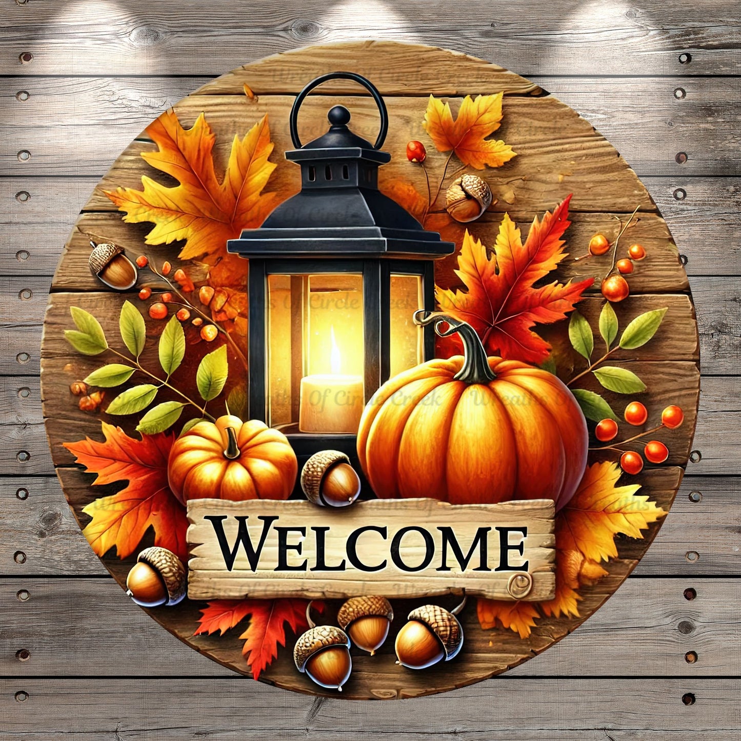 Welcome, Fall, Lantern, Rustic Fall Foliage, Pumpkin, Round, Light Weight, Metal Wreath Sign, No Holes In Sign