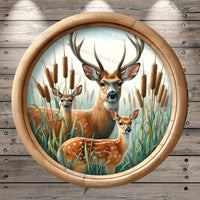 Deer, Buck, Cattails, Faux Wood, Rustic, Round, Lightweight, Metal Wreath Sign, No Holes