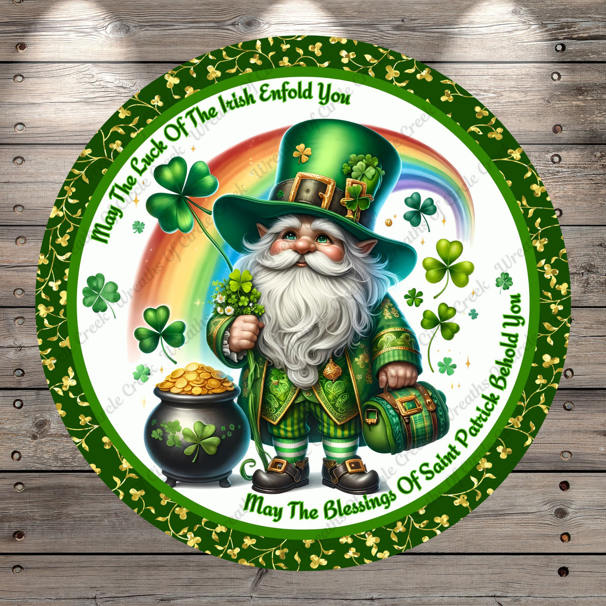 St. Patrick's Day, Leprechaun, May The Luck Of The Irish Enfold You, Inspirational, Round, Lightweight, Metal Wreath Sign, No Holes