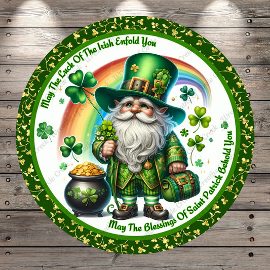St. Patrick's Day, Leprechaun, May The Luck Of The Irish Enfold You, Inspirational, Round, Lightweight, Metal Wreath Sign, No Holes