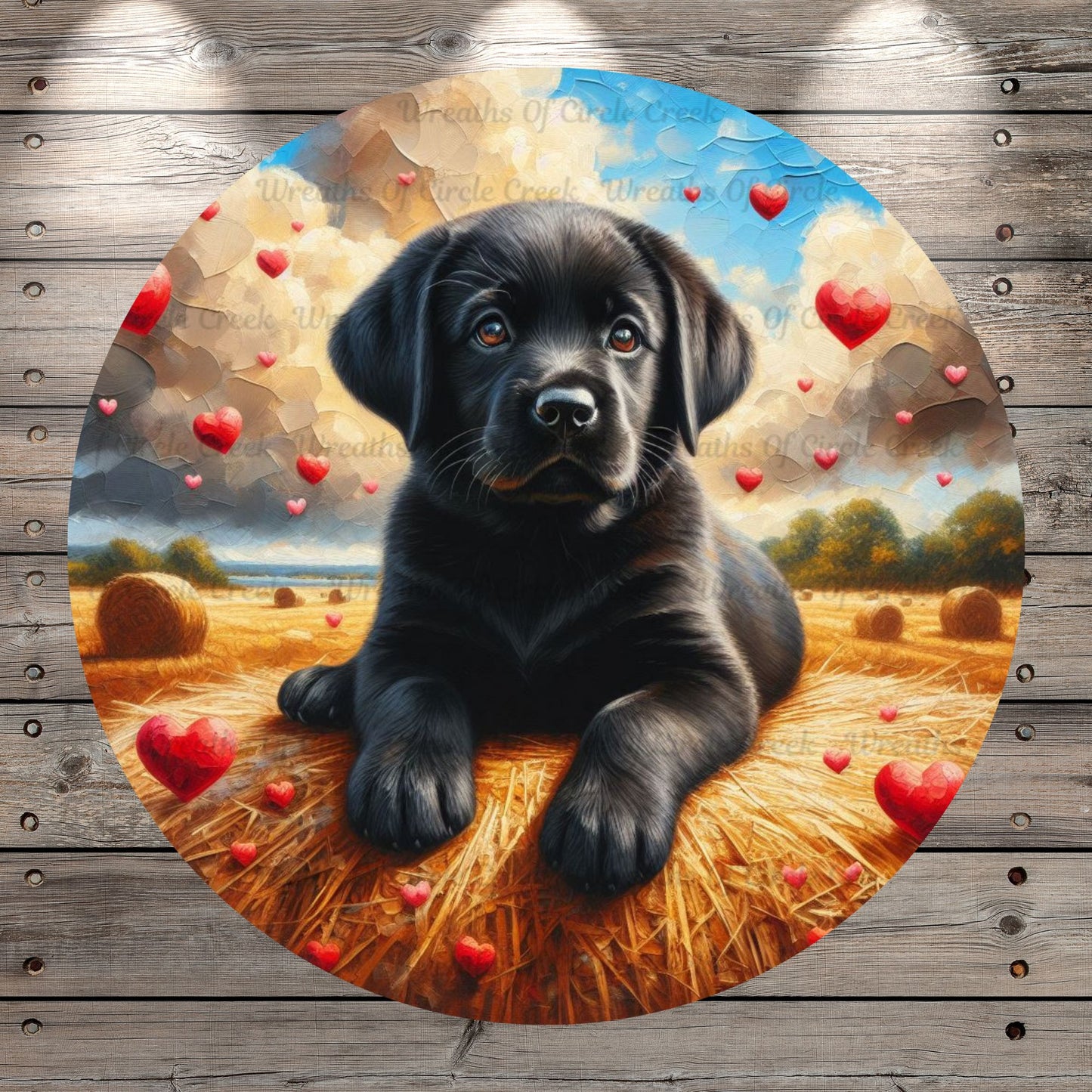 Black Labrador Puppy, Hearts, Valentines, Hay, Pasture, Round, Light Weight, Metal Wreath Sign, No HolesUV Coated