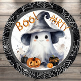 Boo Ghost With Jack-O-Lanterns, Halloween Party, Spider Web, Border, Round UV Coated, Metal Sign, No Holes