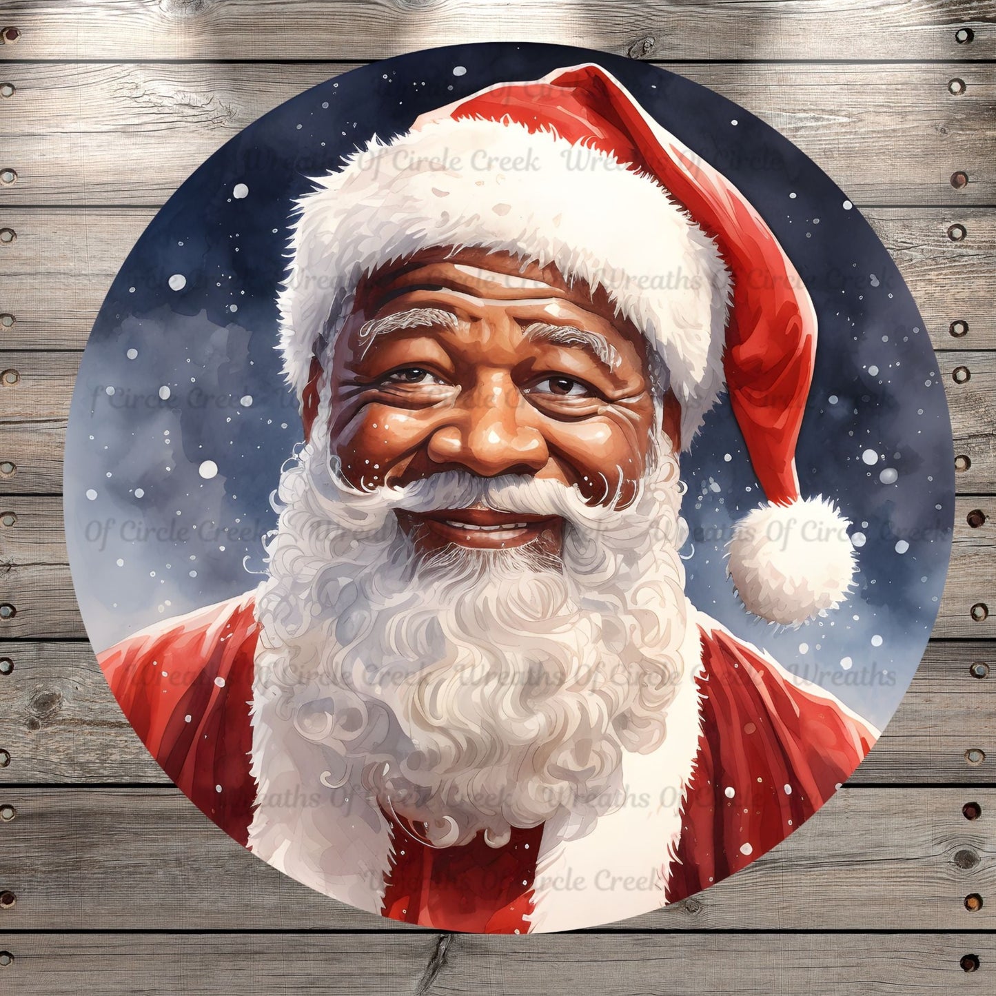 African American, Santa Clause, St. Nick Christmas, Round, Light Weight, Metal Wreath Sign, No Holes