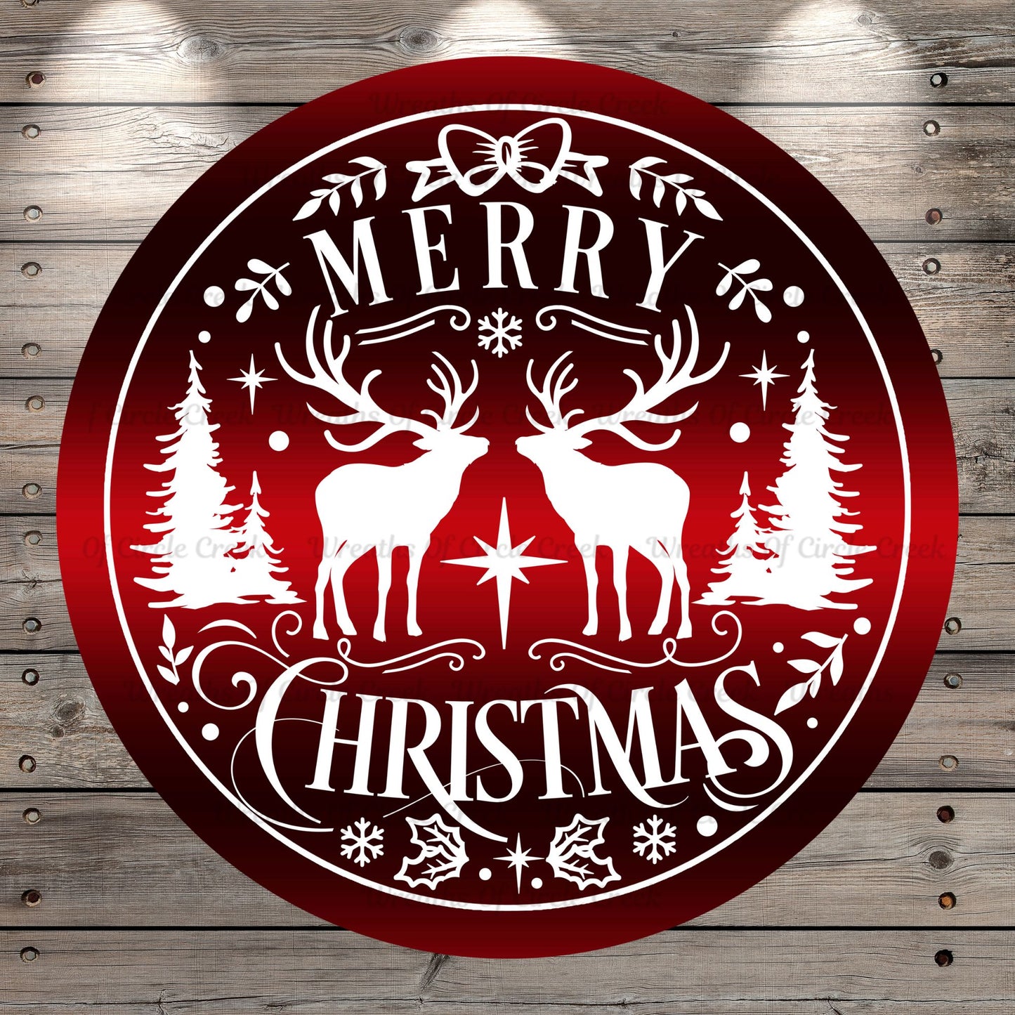 Christmas Reindeers, Merry Christmas, Red and White, Wreath Sign, No Holes, Round UV Coated, Metal