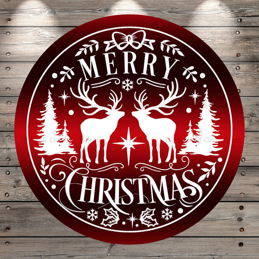 Christmas Reindeers, Merry Christmas, Red and White, Wreath Sign, No Holes, Round UV Coated, Metal